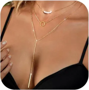 Dainty Layered Necklace for Women, Handmade 18K Gold Plated Y Pendant Necklace Multilayer Pearl Disc Bar Necklace Adjustable Layering Y-Necklaces Jewelry for Women