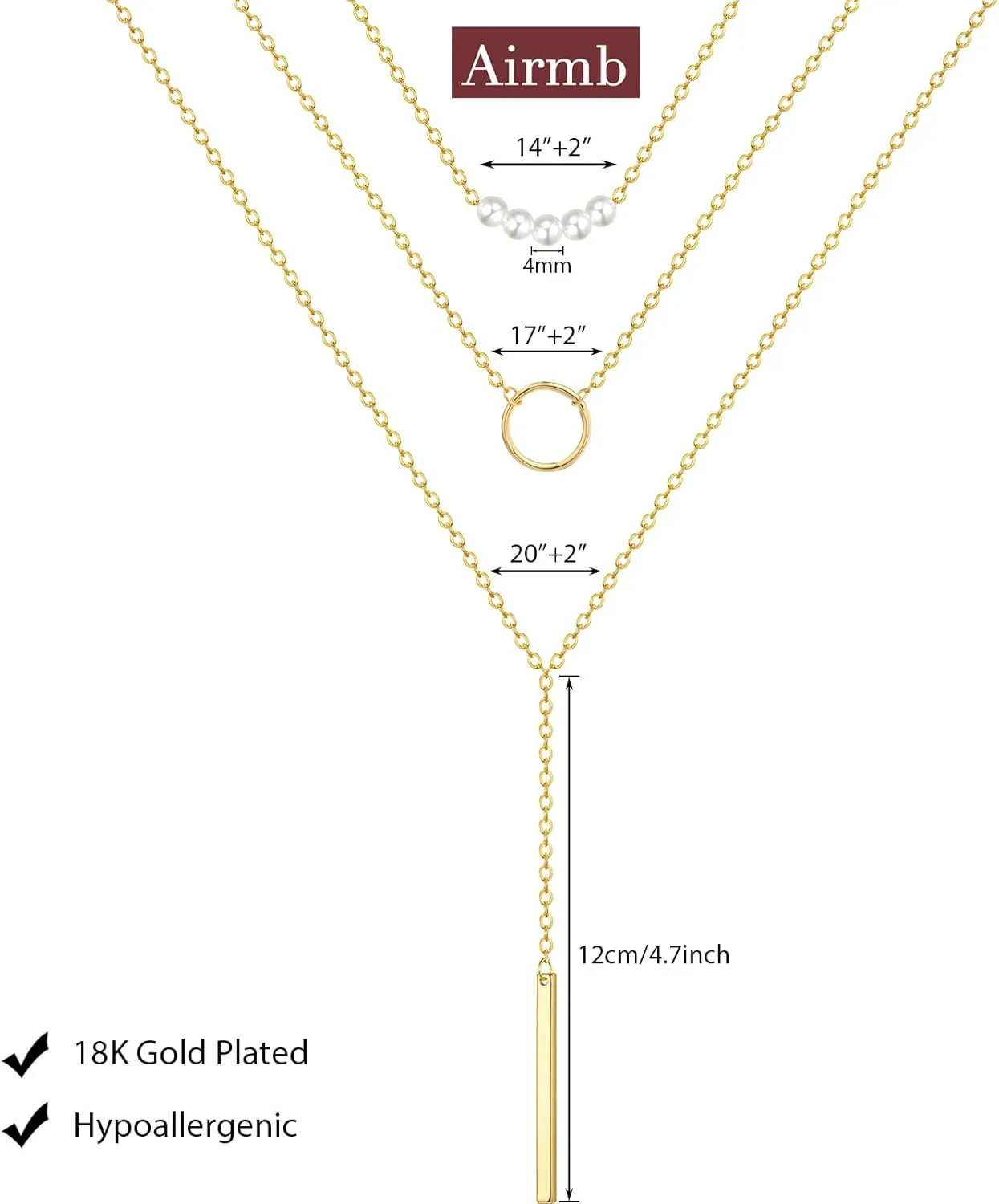 Dainty Layered Necklace for Women, Handmade 18K Gold Plated Y Pendant Necklace Multilayer Pearl Disc Bar Necklace Adjustable Layering Y-Necklaces Jewelry for Women