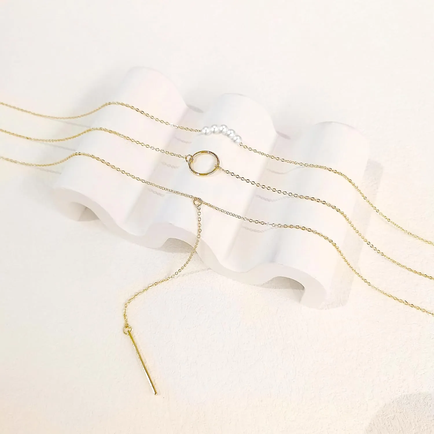 Dainty Layered Necklace for Women, Handmade 18K Gold Plated Y Pendant Necklace Multilayer Pearl Disc Bar Necklace Adjustable Layering Y-Necklaces Jewelry for Women