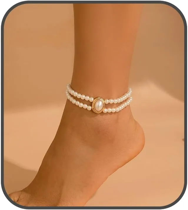 Dainty Pearl Anklet Bracelet Boho Pearl Layered Anklets Trendy Retro Pearl Ankle Bracelet Summer Beach Beaded Anklet Foot Jewelry for Women