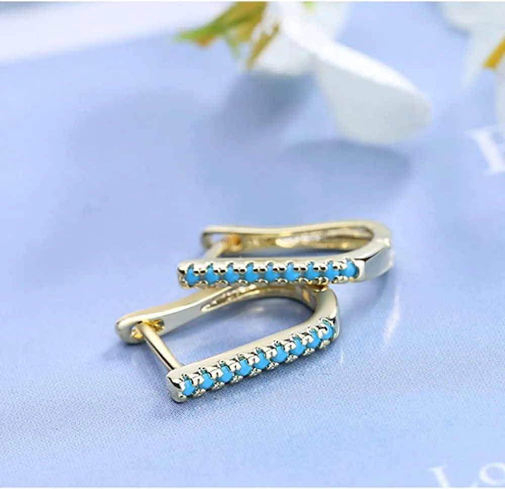 Dainty Turquoise Oval Small Hoop Earrings for Women Girls Sensitive Ear Sterling Silver Plated Bar Stud Post Huggie Hoops Hypoallergenic Delicate Geometric Fashion Jewelry Gifts for Mom Wife Girlfriend