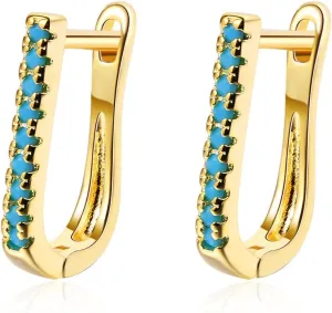 Dainty Turquoise Oval Small Hoop Earrings for Women Girls Sensitive Ear Sterling Silver Plated Bar Stud Post Huggie Hoops Hypoallergenic Delicate Geometric Fashion Jewelry Gifts for Mom Wife Girlfriend