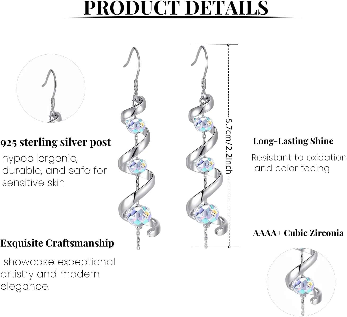 Dangle Earrings for Women 925 Sterling Silver Post,Crystal Dangly Earrings with Zirconia Stones,Long Sparkly Dangling Earrings, Hypoallergenic Jewelry Gift for Her