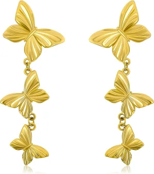 Dangle Gold Butterfly Earrings for Women 14K Gold Plated Long Dangling Triple Butterfly Earrings Drop Insect Fairy Textured Butterfly Statement Earrings Party Spring Summer Jewelry Gift for Women