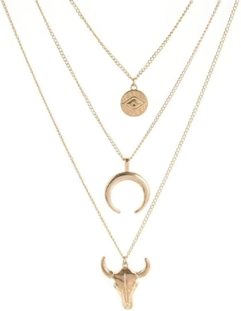 DATOA Vintage Western Layered Necklaces Cow Pendant Evil Eye Bull Head Crescent Moon Layered Necklace Boho Cowboy Cowgirl Geometric Pendant Chain Necklace Fashion Jewelry for Women