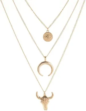 DATOA Vintage Western Layered Necklaces Cow Pendant Evil Eye Bull Head Crescent Moon Layered Necklace Boho Cowboy Cowgirl Geometric Pendant Chain Necklace Fashion Jewelry for Women