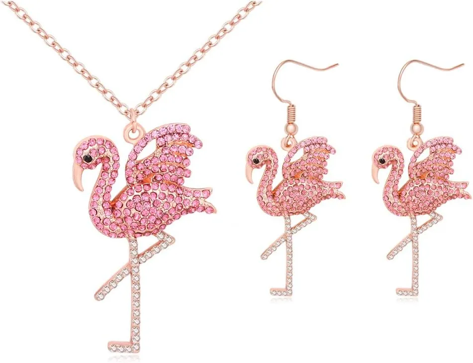 Delicate Rhinestone Pink Flamingo Bird Pendant Necklace Gifts for Women
