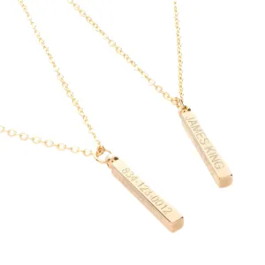 Delicate Vertical Matt Name Bar Necklace Personalized Gift, Dainty Diamond Machine Engraving 16K Gold Bar Square Stick Bar Plate with Delicate Initial Charms Necklace
