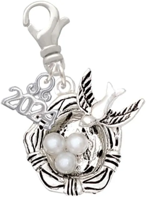 Delight Jewelry Silvertone Birds Nest with Imitation Pearl Eggs - Clip on Charm with Year 2024