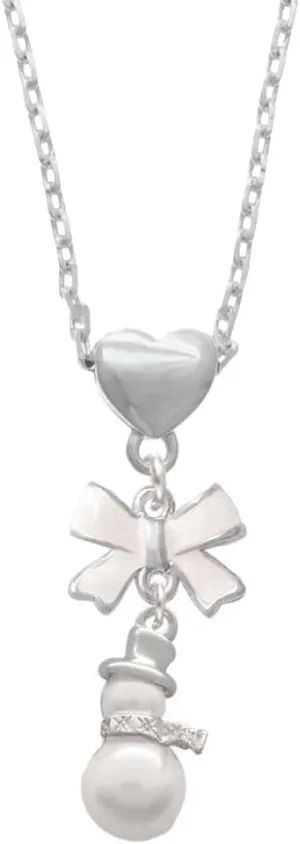 Delight Jewelry Silvertone Imitation Pearl Snowman White Bow Heart Necklace, 18 2" Extender