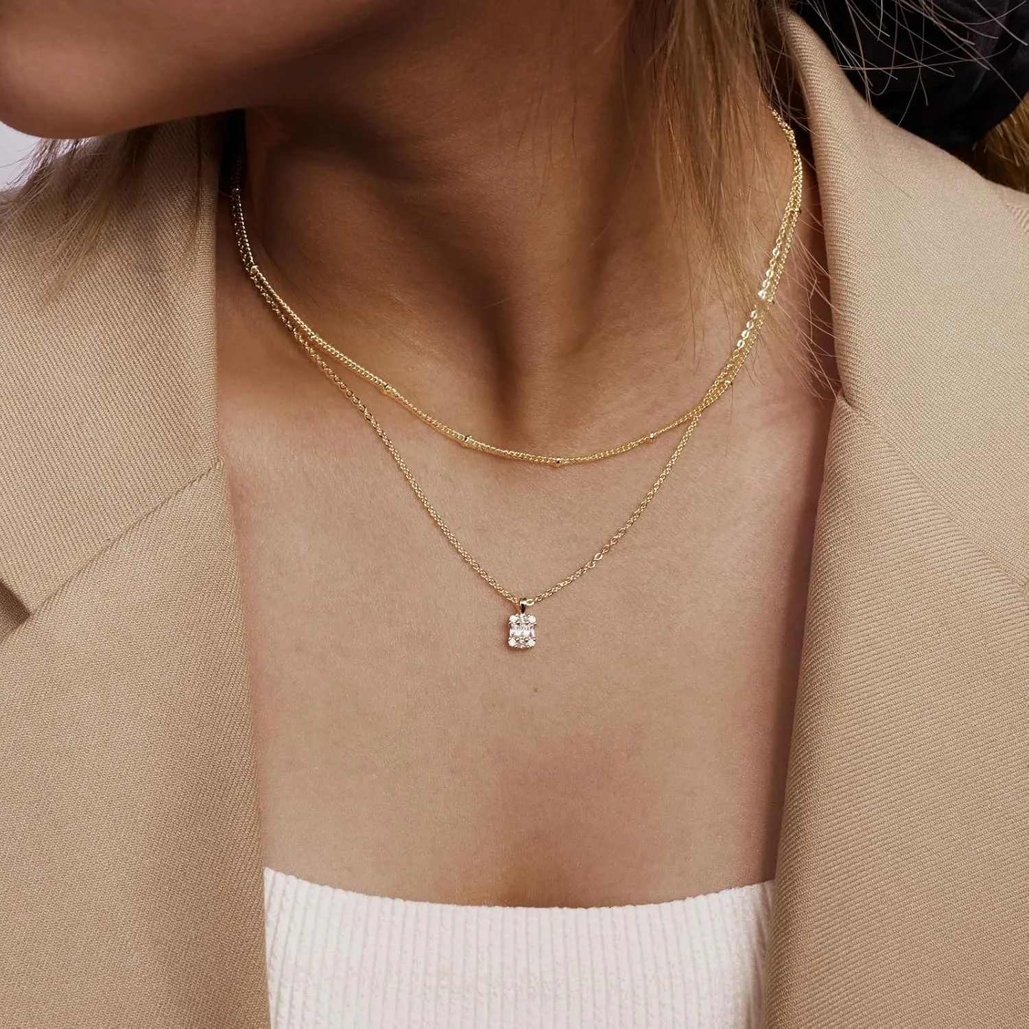 Diamond Pendant Necklace for WomenLayered Necklace Dainty Gold Necklace 14K Gold Plated Stacked Paperclip Bead Herringbone Snake Chain Choker Necklaces Small Simple CZ Necklace Gold Jewelry