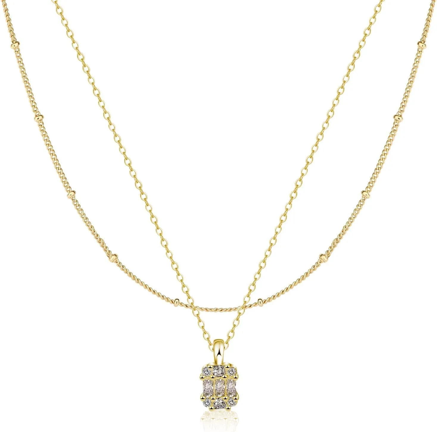 Diamond Pendant Necklace for WomenLayered Necklace Dainty Gold Necklace 14K Gold Plated Stacked Paperclip Bead Herringbone Snake Chain Choker Necklaces Small Simple CZ Necklace Gold Jewelry