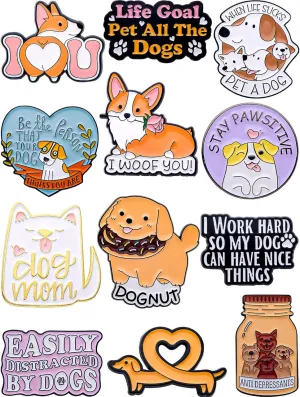Dog Enamel Pins Set  Cute & Funny Pins for Backpacks, Jackets, Hats, Gifts  Collectible Metal Lapel Pins for Pet Owners & Animal Enthusiasts  12-Pack