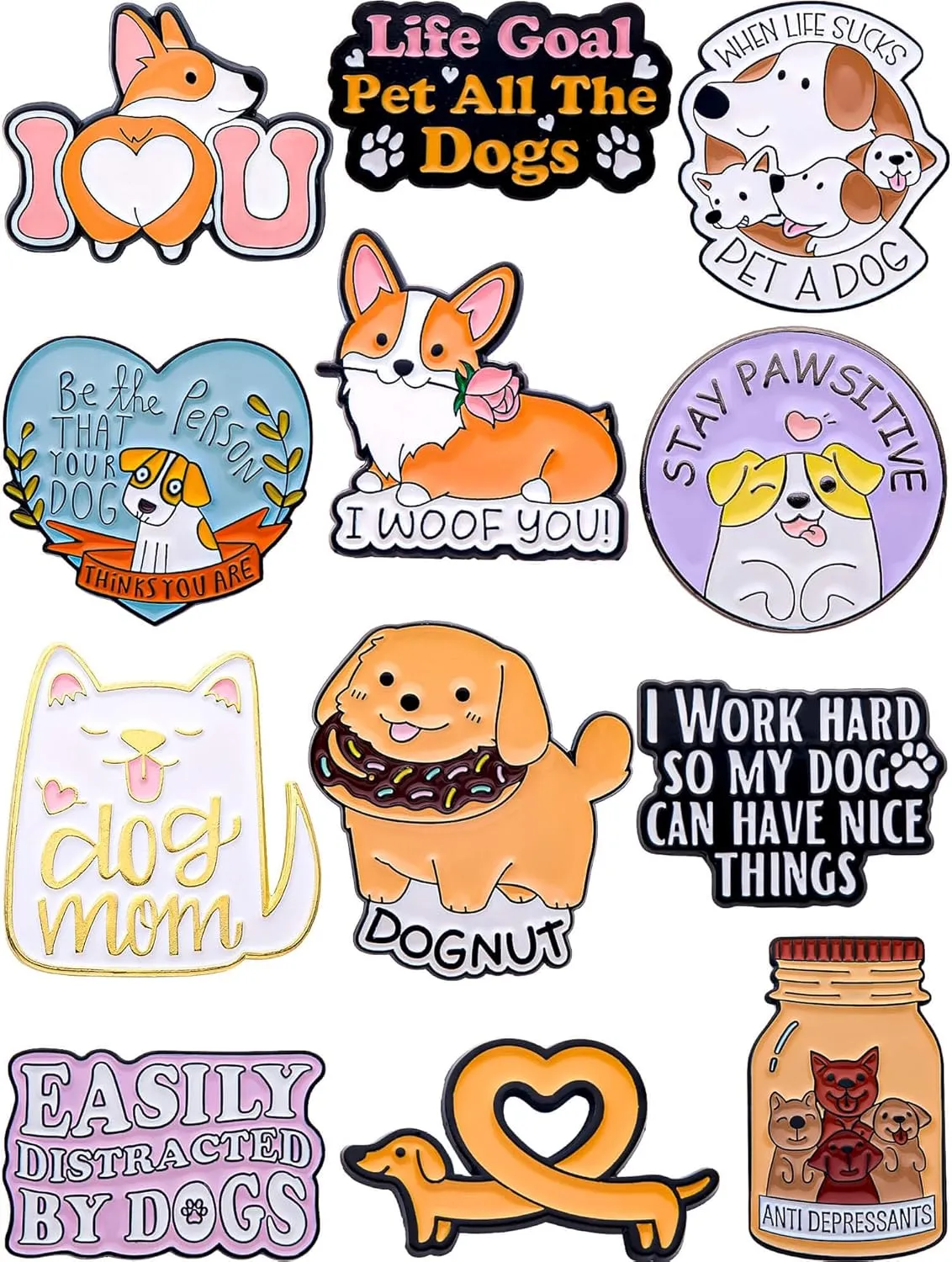 Dog Enamel Pins Set  Cute & Funny Pins for Backpacks, Jackets, Hats, Gifts  Collectible Metal Lapel Pins for Pet Owners & Animal Enthusiasts  12-Pack