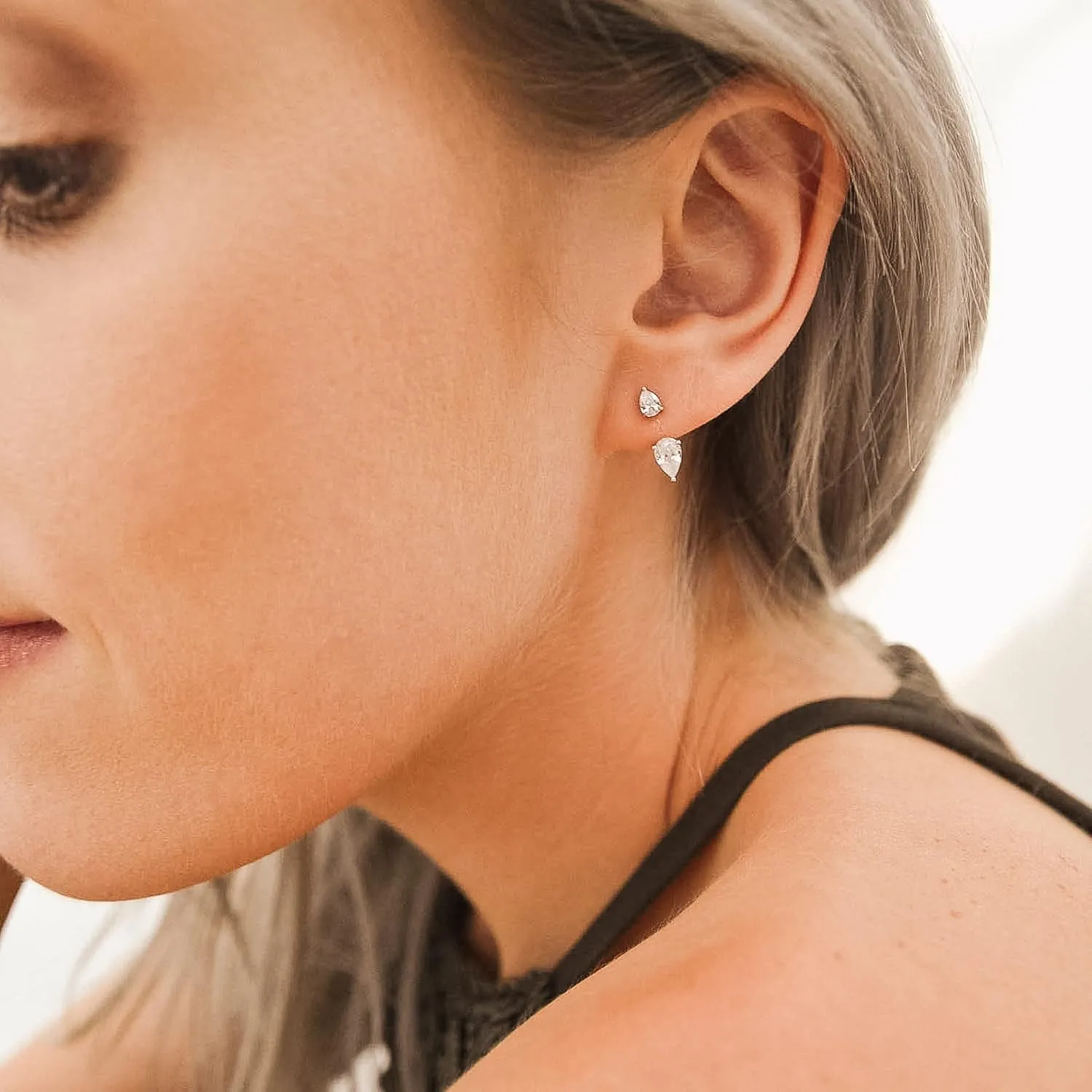 Double Pear Shaped Cubic Zirconia Ear Jacket Earrings in Sterling Silver CZ Front Back Earrings