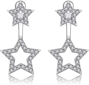 Double Stars Dangle Drop Earrings Sterling Silver Posts Dainty Rhinestone Crystal CZ Ear Jackets Front Back Cute Star Cartilage Earring Wedding Studs Delicate Jewelry Gifts for Women