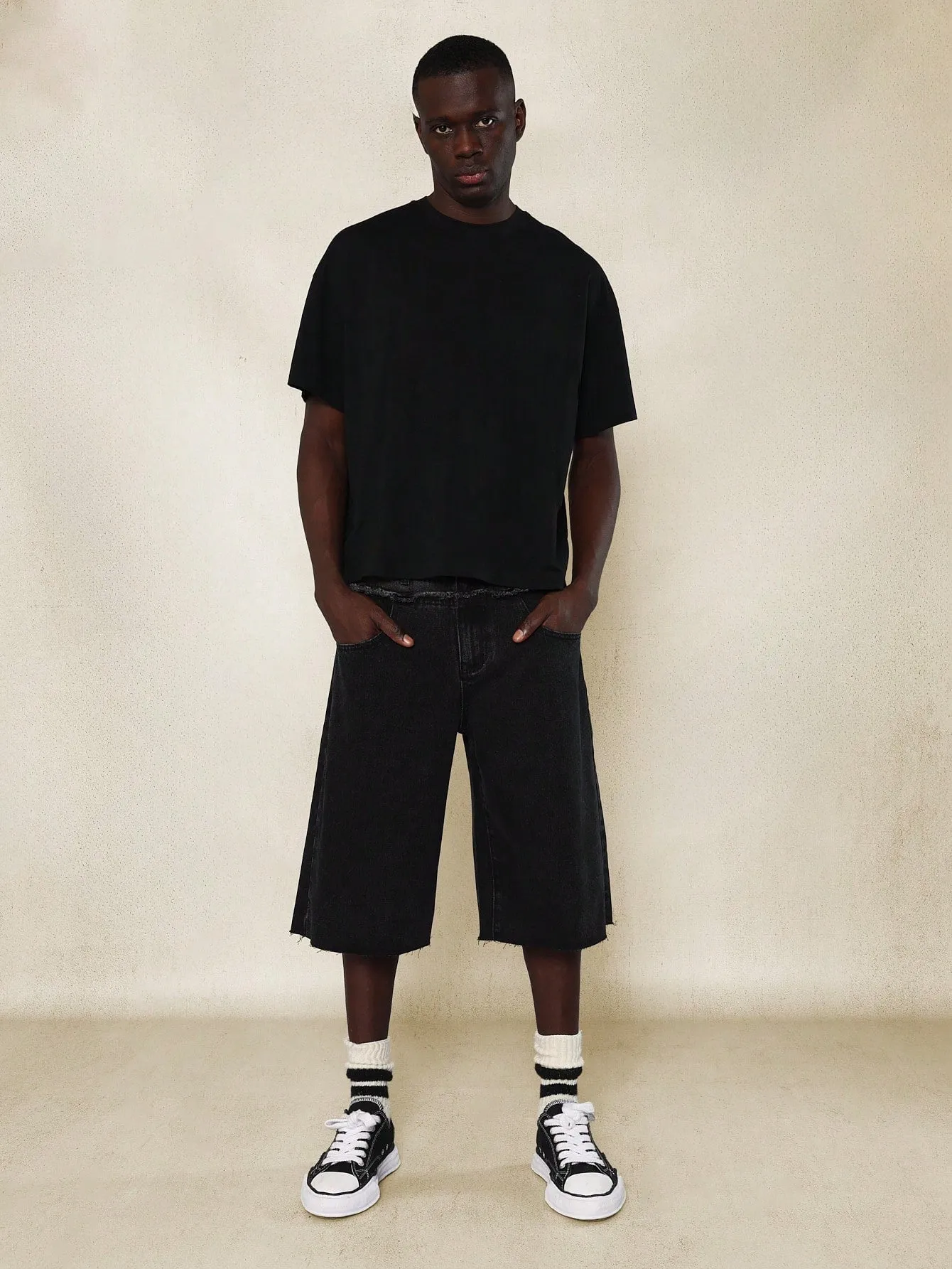 Double Waistband Denim Jort With Raw Edge Detail