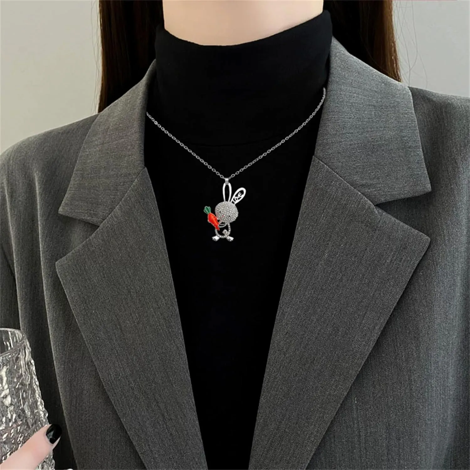 Dreuyet Crystal Bunny Rabbit Pendant Necklace for Women Cute Creative Rhinestone Carrot Rabbit Necklace 18k Gold Plated CZ Animal Pet Birthstone Easter Birthday Jewelry Gift