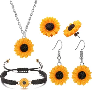 Dreuyet Sunflower Jewelry Set for Women for Women Boho Resin Petal Daisy Flower Earrings Stud Necklace Handmade Braided Rope String Sunflower Bracelets Adjustable Summer Jewelry