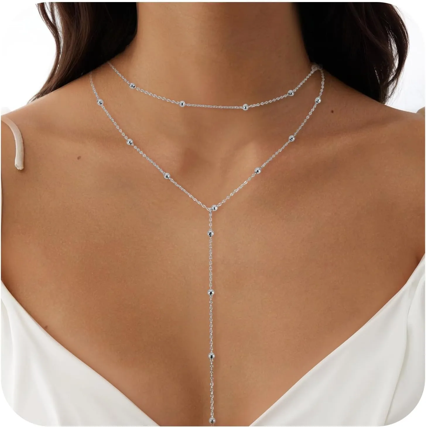 Drop Lariat Chain for Women, Dainty Layered Long Gold/Silver Necklaces Trendy Tassel Beaded Y Shaped Necklace Teardrop Jewelry Gifts for Ladies Mother Wife