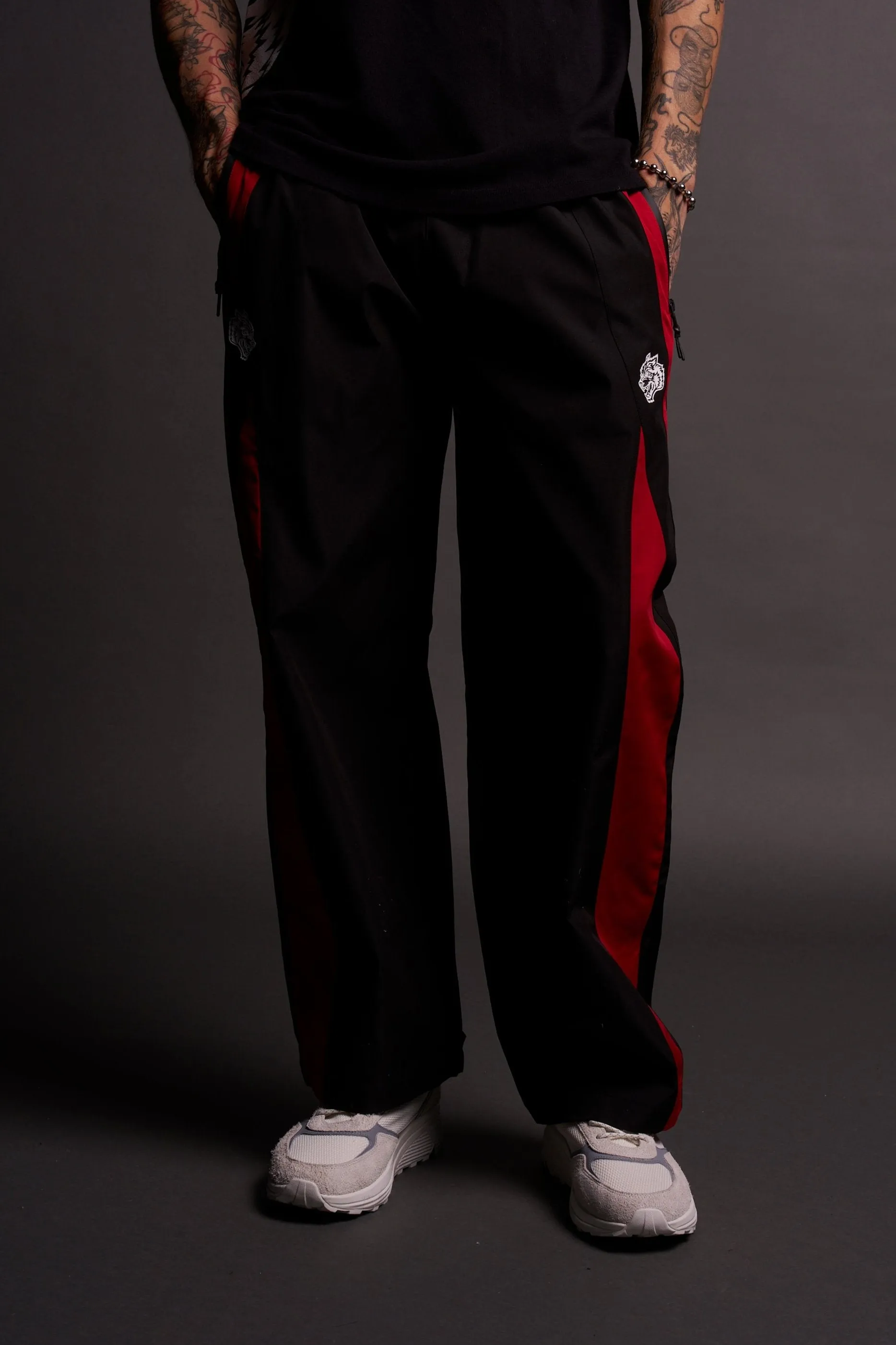 Dual Wolf Chopper Brolic Unisex Track Pants in Black/Red