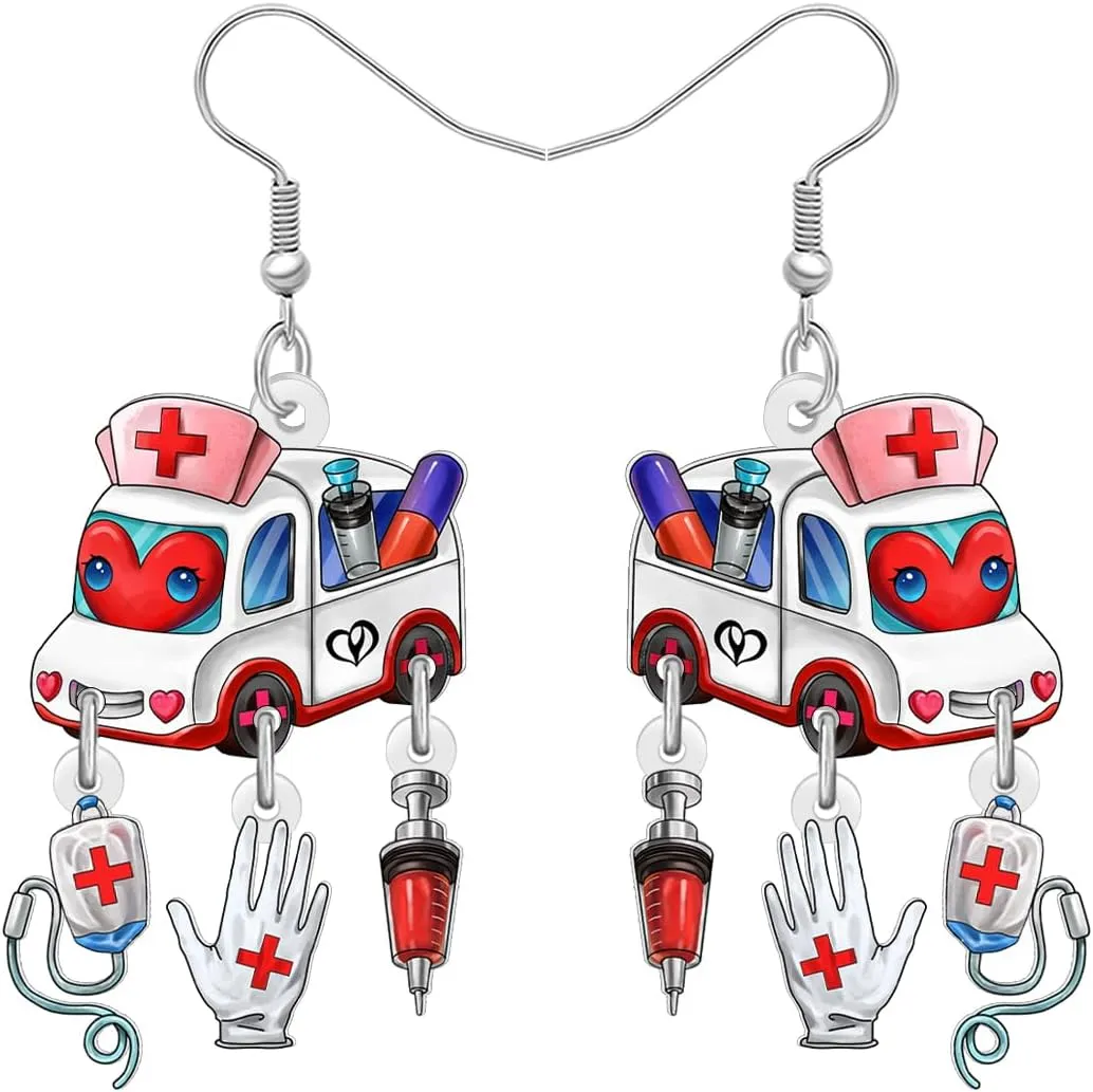DUOWEI Acrylic Fun Nurse's Day Earrings Cute Medical-Themed Handmade Ambulance Charm Dangle Earrings Nursing Paramedic Jewelry for Women Mom RN Nurse Week Doctor Gifts