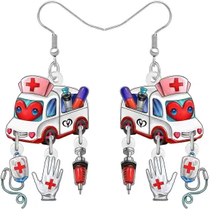 DUOWEI Acrylic Fun Nurse's Day Earrings Cute Medical-Themed Handmade Ambulance Charm Dangle Earrings Nursing Paramedic Jewelry for Women Mom RN Nurse Week Doctor Gifts