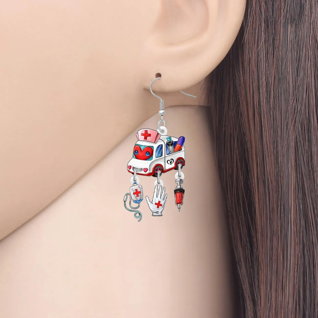 DUOWEI Acrylic Fun Nurse's Day Earrings Cute Medical-Themed Handmade Ambulance Charm Dangle Earrings Nursing Paramedic Jewelry for Women Mom RN Nurse Week Doctor Gifts