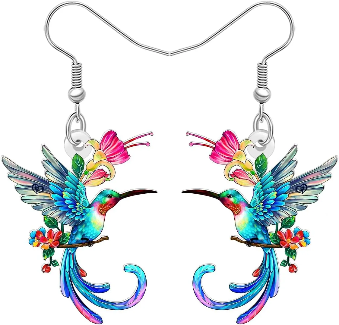 DUOWEI Acrylic Funny Hummingbird Dangle Earrings for Women Cute Bird with Flower Dangling Earrings Spring Summer Jewelry for Birds Lovers Gifts Charms Accessories