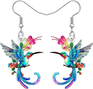 DUOWEI Acrylic Funny Hummingbird Dangle Earrings for Women Cute Bird with Flower Dangling Earrings Spring Summer Jewelry for Birds Lovers Gifts Charms Accessories