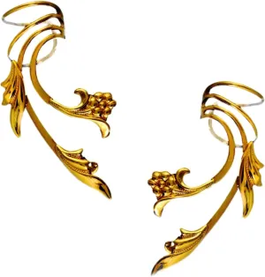 Ear Charms Delicate Flower, Leaf Long Wave Ear Cuff Nonpierced Pair Earring Jacket/Wraps, Gold on Silver