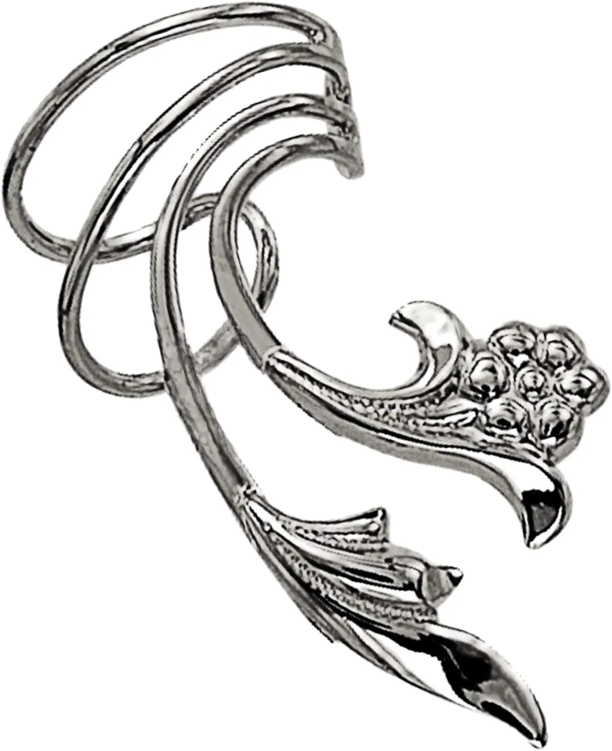 Ear Charms Delicate Leaf & Flower Short Wave Ear Cuff Non-pierced Cartilage Earring Wrap Rhodium on Silver