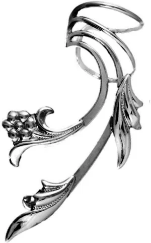 Ear Charms Delicate Leaf and Flower Long Wave Ear Cuff Non-Pierced Earring Wrap Single Left in Rhodium Over Sterling Silver