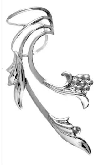 Ear Charms Delicate Leaf and Flower Long Wave Ear Cuff Non Pierced Earring Wrap Single Right EZ Care Rhodium on Silver