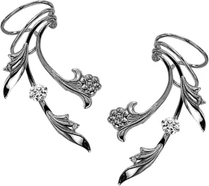 Ear Charms Delicate Leaf, Flower and CZ Rhodium on Silver Long Wave Ear Cuff Earring Wraps