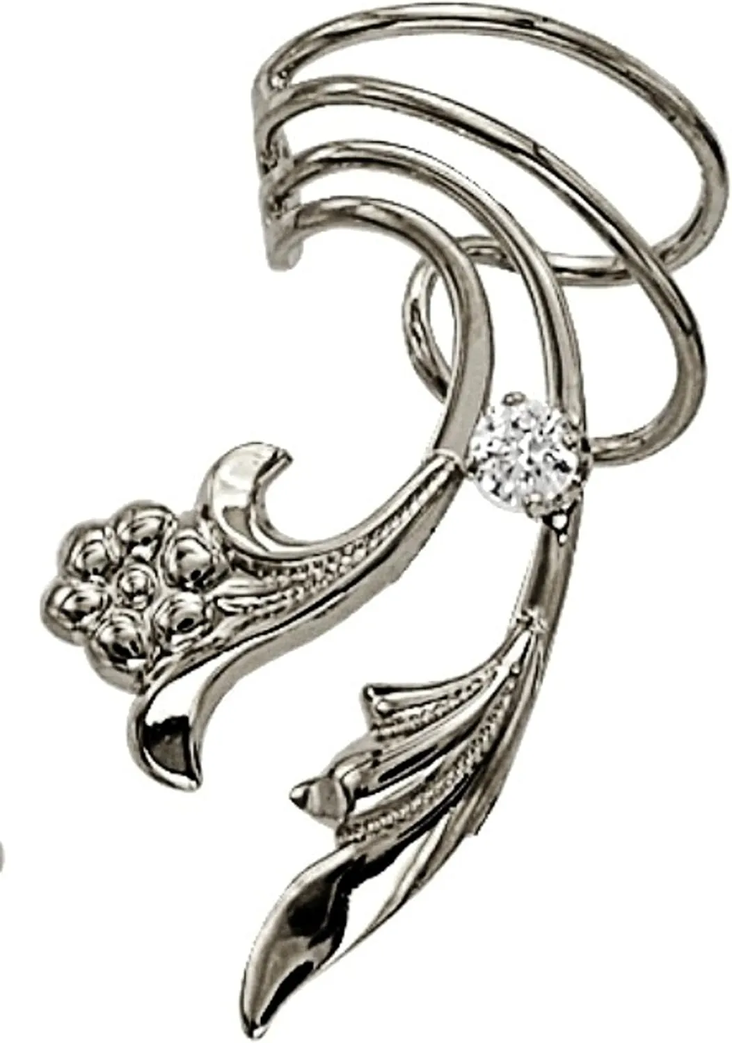 Ear Charms Delicate Leaf, Flower and CZ Wave Ear Cuff Non-pierced Earring Wrap Rhodium on Silver