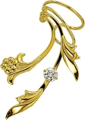 Ear Charms Delicate Leaf Flower CZ Long Wave Ear Cuff Non-pierced Cartilage Wrap Earring Single Left Gold on Silver
