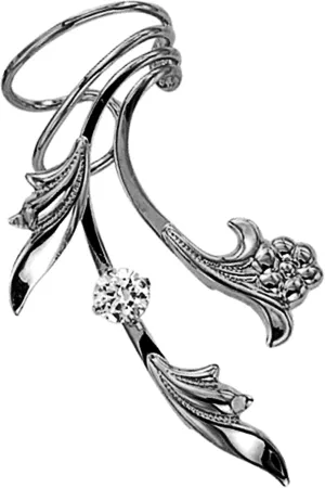Ear Charms Delicate Leaf, Flower CZ Long Wave Ear Cuff Non-pierced Right Earring Wrap EZ Care Rhodium on Silver