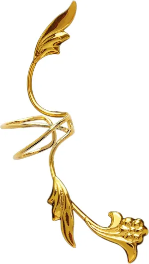 Ear Charms Flower and Leaf Full Ear Spray Ear Cuff Non-Pierced Right Earring Cuff Gold on Silver