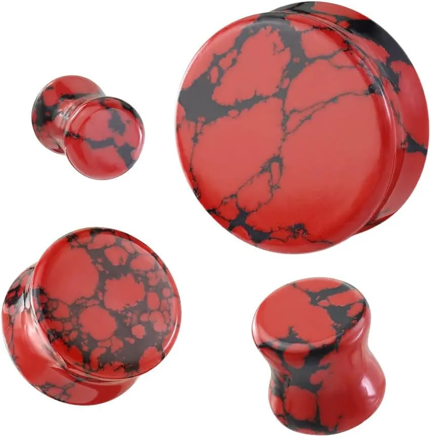 Ear gauges red howlite organic stone plugs SoScene flesh tunnels organic stone ear stretching