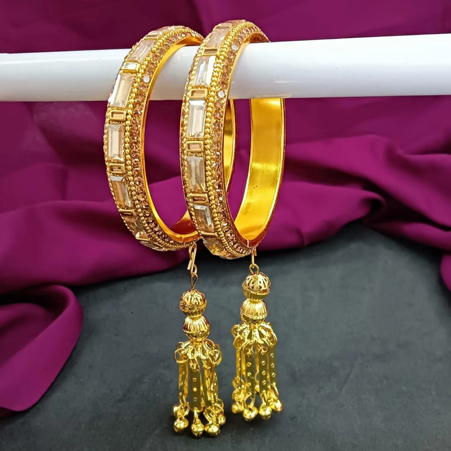 Efulgenz Bridal Bangle Jewelry Crystal Bracelet Bangle Set Rhinestone with Latkan Hangings Tassels Wedding Party Indian Bangle Set Fashion Statement Jewelry for Women
