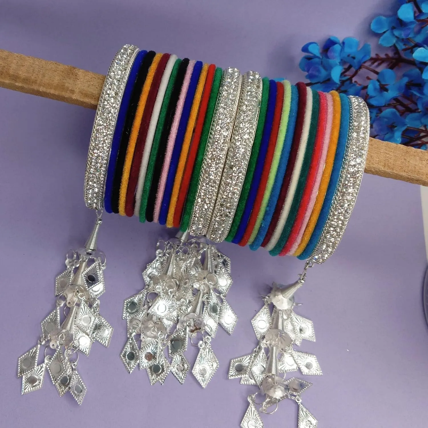 Efulgenz Indian Wedding Bridal Bollywood Fashion Bangle Set Multicolor Rhinestone CZ Crystal Velvet Tassle Bangle Boho Bracelet Fashion Jewelry for Women (28 Pcs)