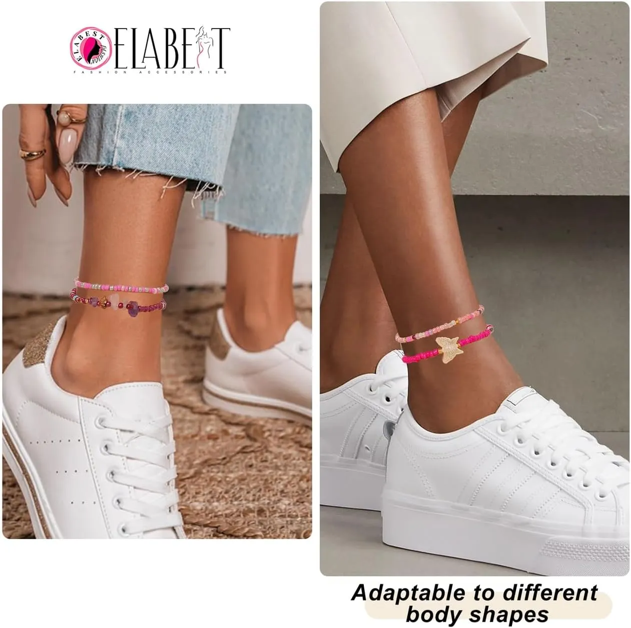 ELABEST African Beads Anklet 8pcs Boho Beaded Ankle Bracelet Elastic Bead Foot Chain Jewelry for Women