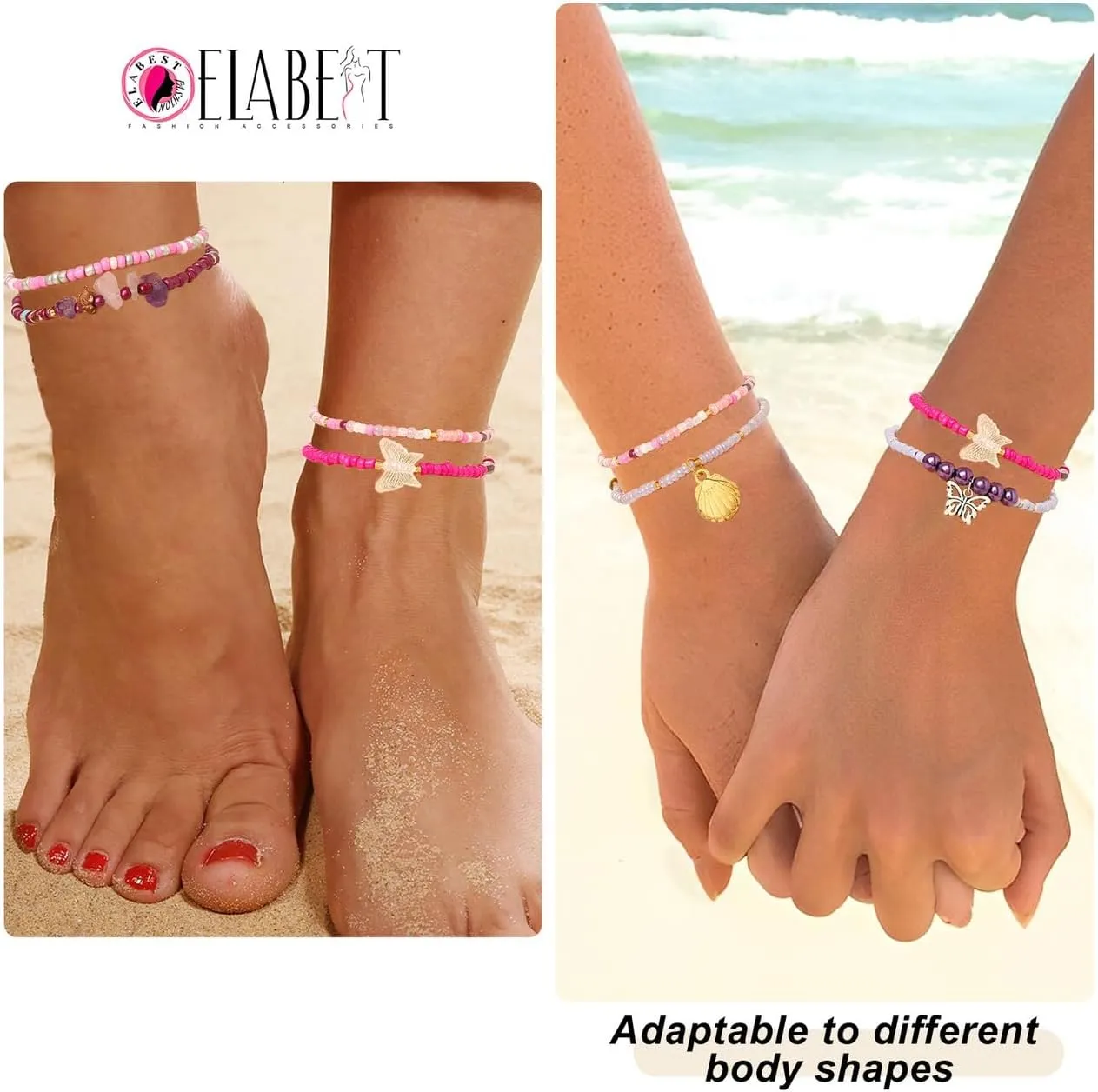 ELABEST African Beads Anklet 8pcs Boho Beaded Ankle Bracelet Elastic Bead Foot Chain Jewelry for Women