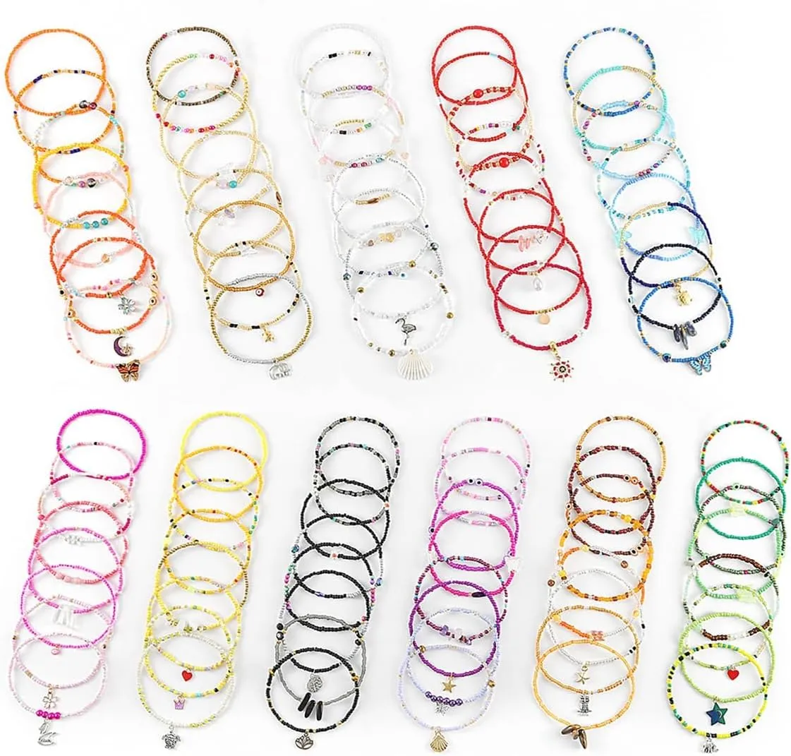 ELABEST African Beads Anklet 8pcs Boho Beaded Ankle Bracelet Elastic Bead Foot Chain Jewelry for Women