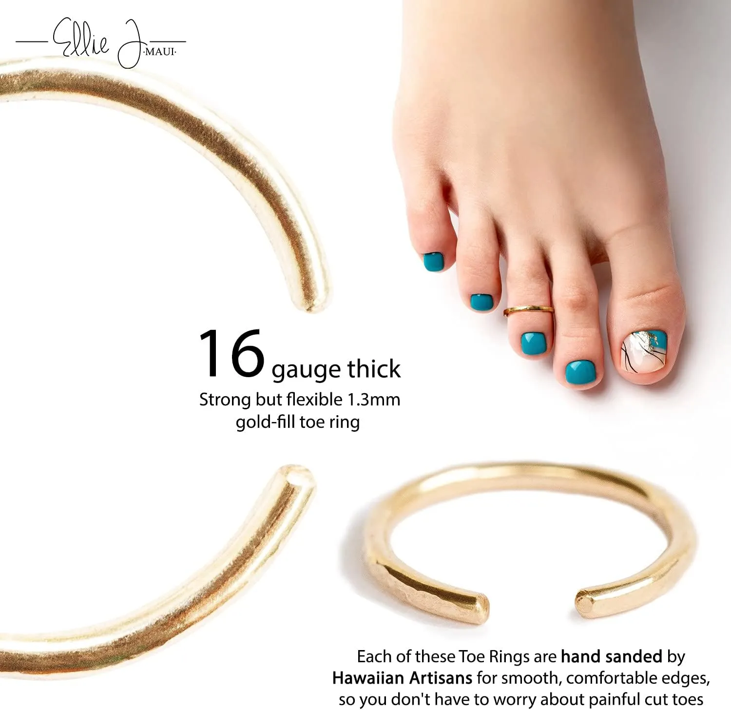 Ellie J Maui Open Toe Rings for Women, Handmade Adjustable 925 Sterling Silver, Real 14K Gold Filled & Rose Gold Filled Beach Design - Fashion Gift & Unique Golden Jewelry