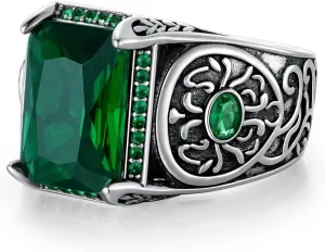 Emerald Gemstone Ring for Men Square Emerald Silver Ring with Emerald Gemstone Sterling Silver Unique Vintage Retro Pattern Ring Jewelry for Men Boy Father's Day Gift Sizes 4 to 16