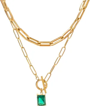 Emerald Green Cubic Zirconia Pendant Paperclip Toggle Necklaces for Women 18k Gold Plated Double Layered Paperclip Necklace Emerald-cut Green Jewelry Prom Wedding Birthday Gift