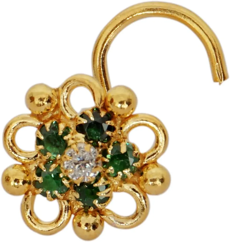 Emerald Nose Stud Crock Screw Flower Ring Gold Unique Indian Piercing CZ Simulated Diamond Jewelry, Green,White,Emerald