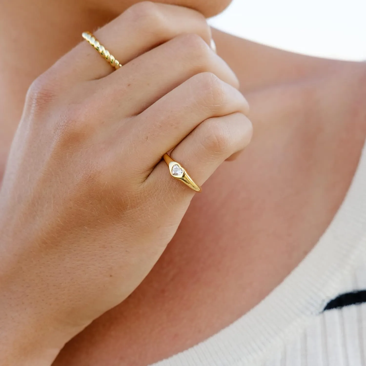 espere Cubic Zirconia Heart Signet Ring 18K Gold Plated | Minimal Dainty Pinky Ring | Simple Small Stackable Heart Ring Promise Ring Birthday Gift for Her